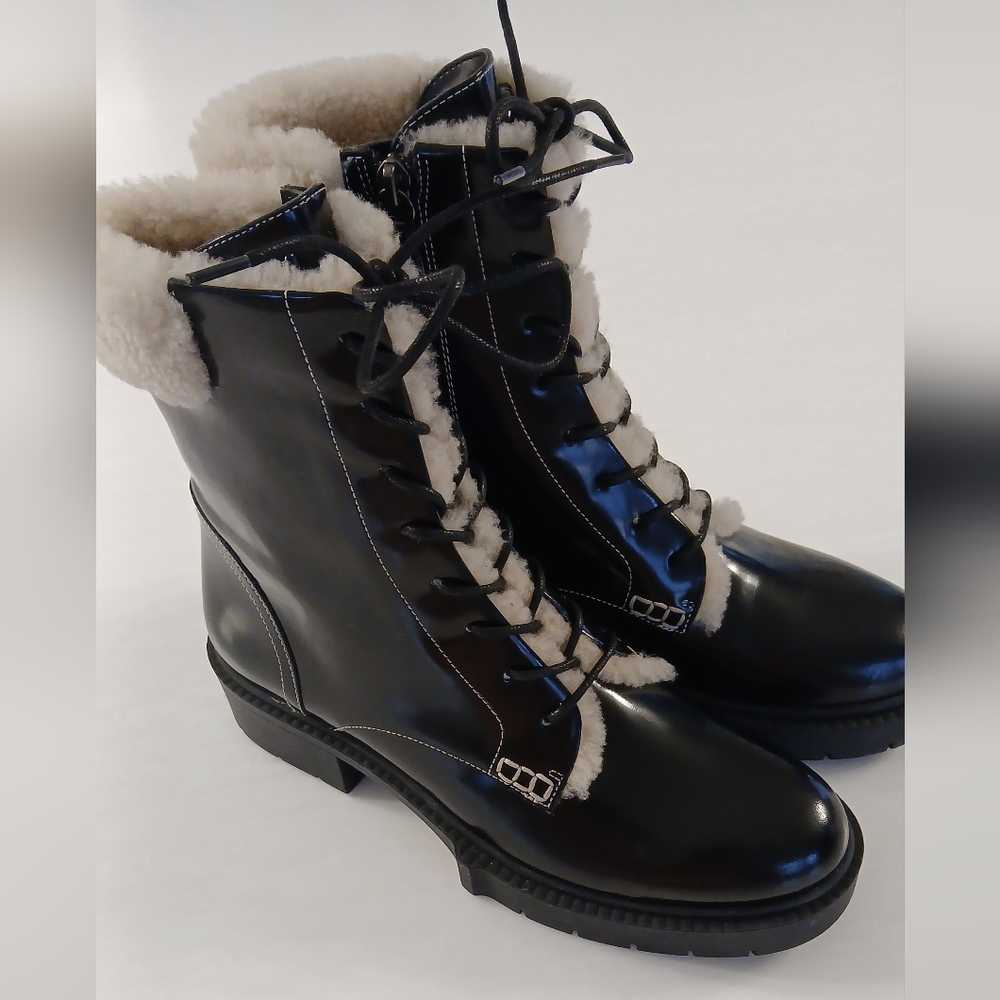 COACH Leighton Shearling Bootie • Black Patent Leather • Size 9.5 B